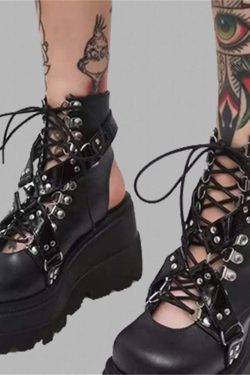 Gothic Wedge Sandals - Black PU Leather High Heel Ankle Boots