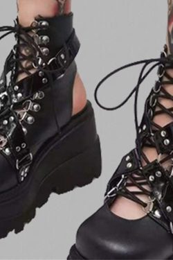 Gothic Wedge Sandals - Black PU Leather High Heel Ankle Boots