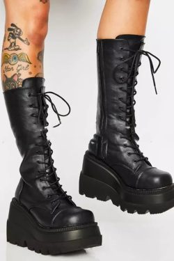 Gothic Y2K Platform Boots - Wedge Heel, Lace Up, Side & Back Zipper