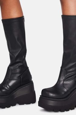 Gothic Y2K Platform Boots - Wedge Heel, Lace Up, Side & Back Zipper
