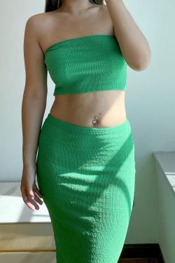 Green Knitted Two Piece Set - Y2K Crop Top & Maxi Skirt