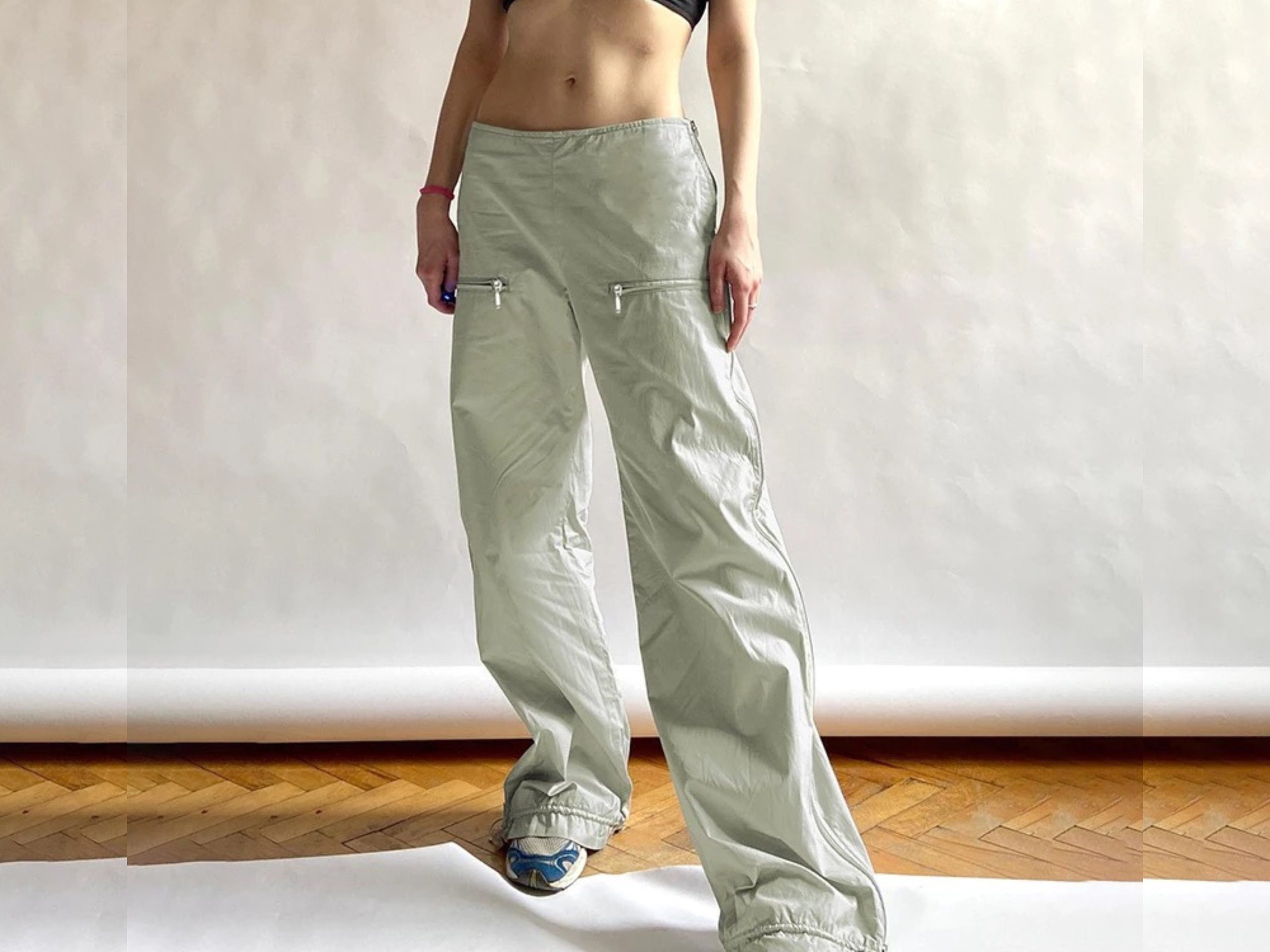 Green Y2K Cargo Pants - Women's Low Rise Straight Leg Sweatpants