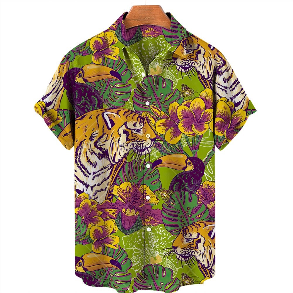 Hawaiian Black Cat Print Men's Short Sleeve Shirt