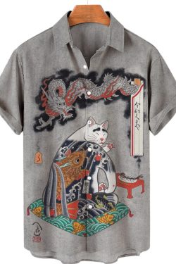 Hawaiian Samurai Cat Print Men's Short Sleeve Shirt