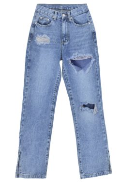 High Waist Ripped Hole Jeans - Vintage Denim Pants for Women