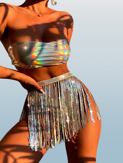Holographic Bandeau Sequin Fringe Skirt - Y2K Clothing