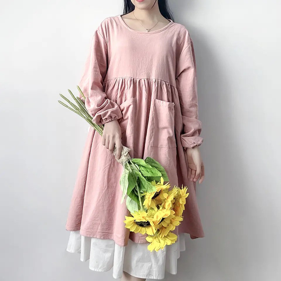 Japanese Style Cotton Linen Apron Dress for Women