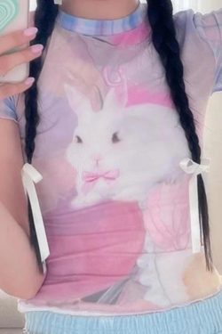 Kawaii Bunny Print Mesh Crop Top - Harajuku Fairycore Fashion