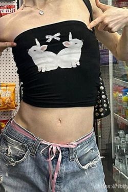 Kawaii Strapless Crop Top with Cartoon Rabbit Design