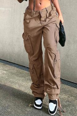 Khaki Wide Leg Cargo Pants - Hip Hop Loose Fit