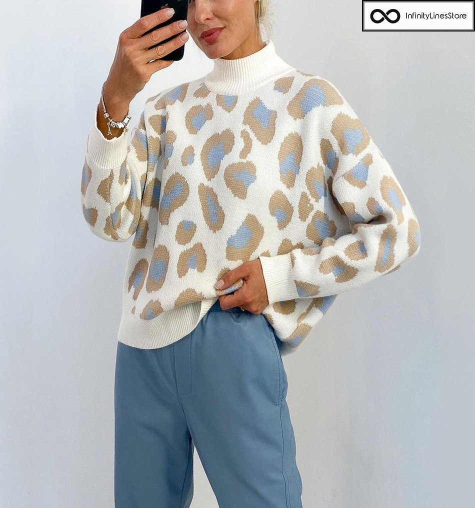 Leopard Print Turtleneck Sweater - Y2K Streetwear