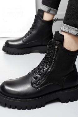 Men's Genuine Leather Black Ankle Boots - Y2K Clothing