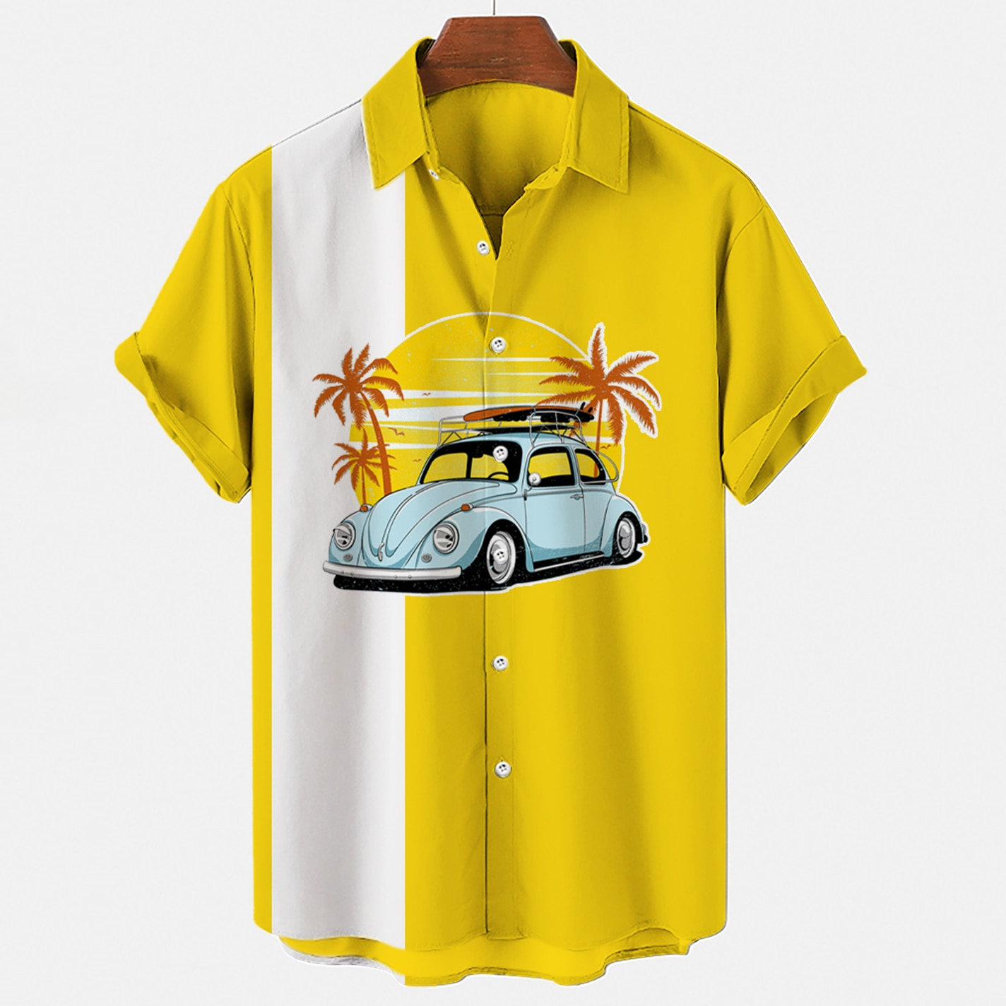 Men's Hawaiian Summer Beach Shirt - Yellow Striped Tree Car Print