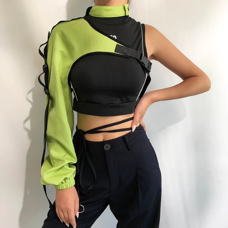 Neon Green Y2K One Shoulder Turtleneck Ravewear Top