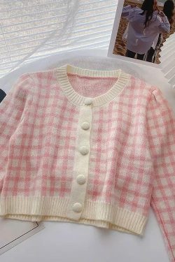 Pastel Plaid Knitted Cardigan - Y2K Clothing Fashion