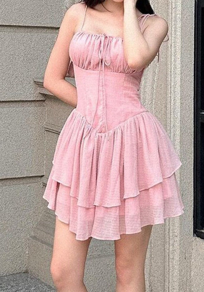 Pink A Line Mini Summer Dress - Women's Sleeveless Korean Fashion