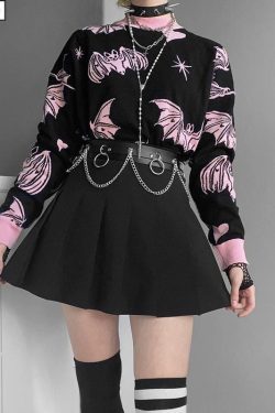 Pink Bat Print Sweater - Y2K Gothic Grunge Streetwear