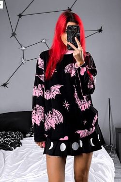 Pink Bat Print Sweater - Y2K Gothic Grunge Streetwear