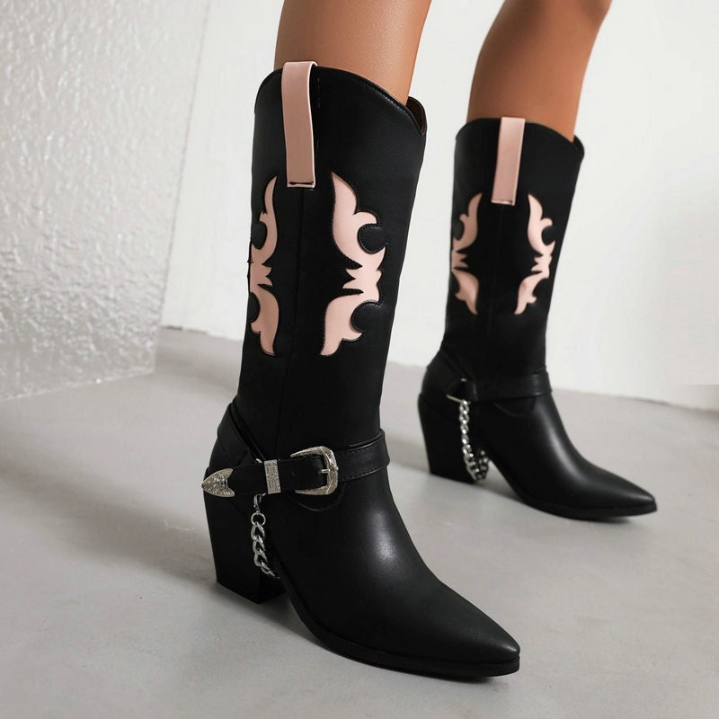 Pink Embroidered Cowgirl Boots Vintage Knee High Western Boots