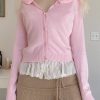 Pink Fur Collar Knit Cardigan - Soft Y2K Jacket