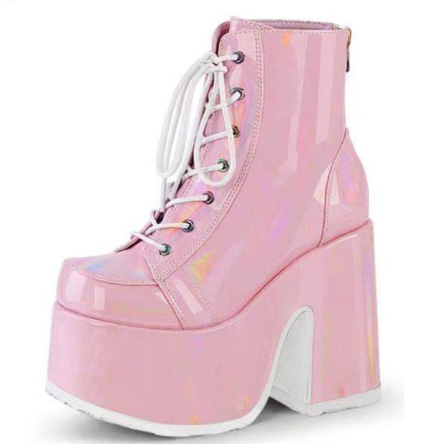 Pink Lace Chunky Punk High Platform Ankle Boots