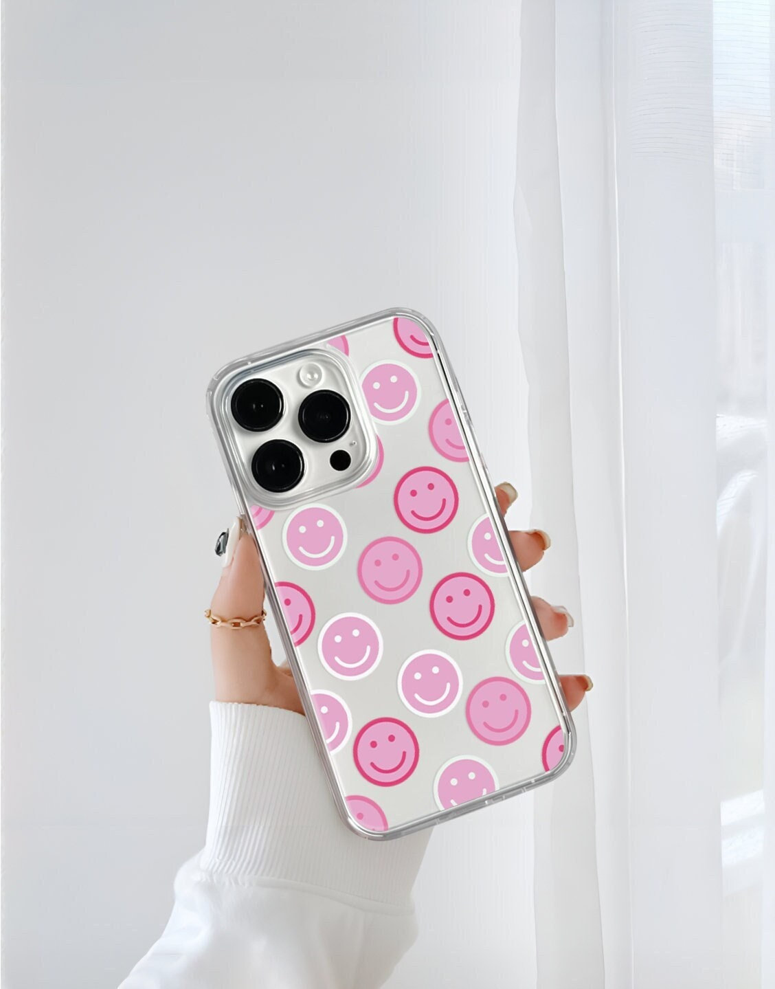 Pink Smiley Face Phone Case for iPhone 14 Pro Max - Y2K Clothing