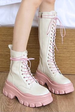 Pink Thick Soled Ankle Boots - Handmade Women's Shoes