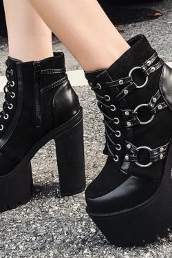 Platform High Heels Biker Boots - Gothic Style Black