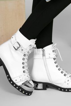 Punk Aesthetic Leather Rivets & Caps Ankle Boots - Y2K Clothing