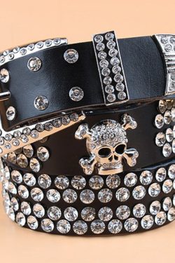 Punk Rhinestone Cowhide Skull Belt for Y2K Clothing