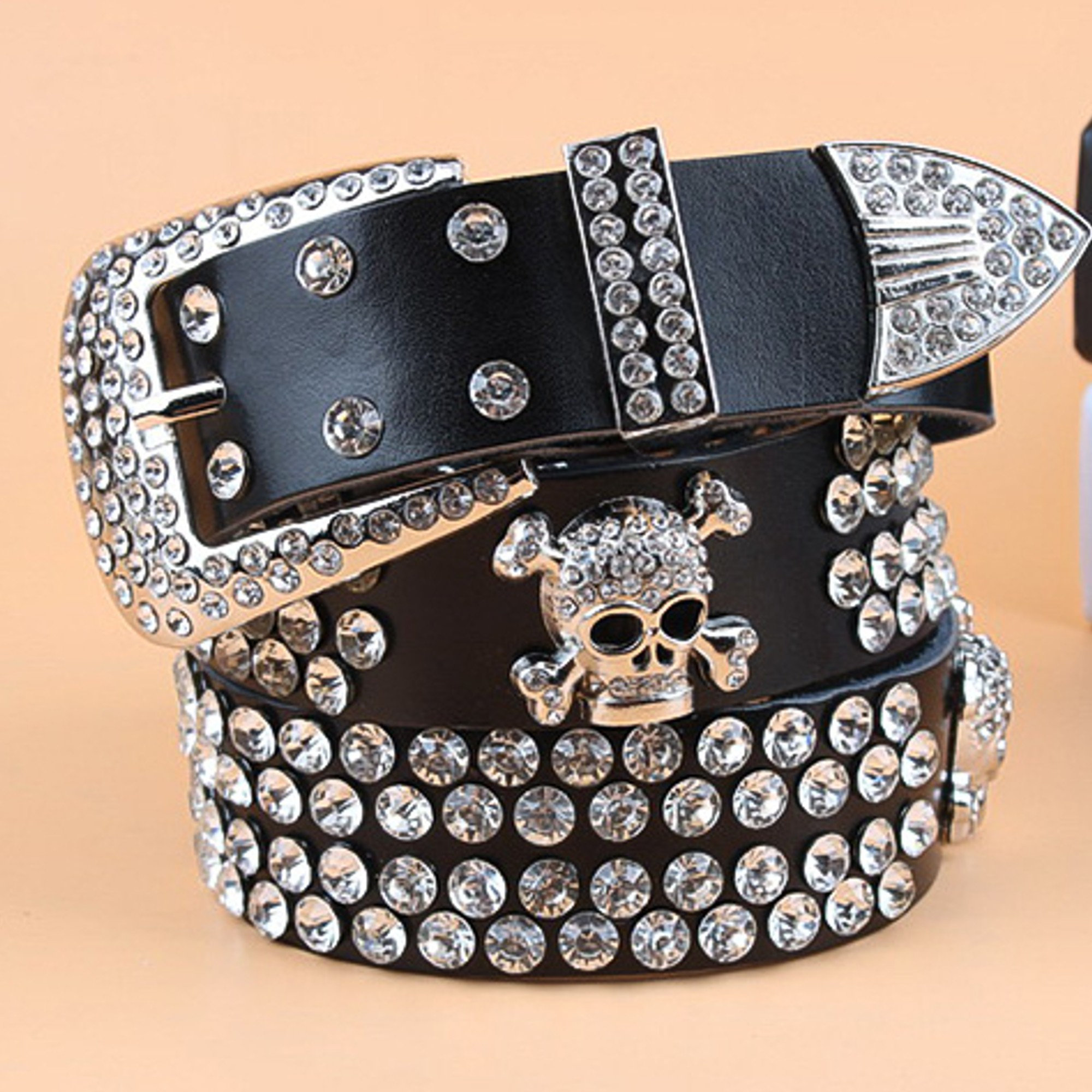 Punk Rhinestone Cowhide Skull Belt for Y2K Clothing