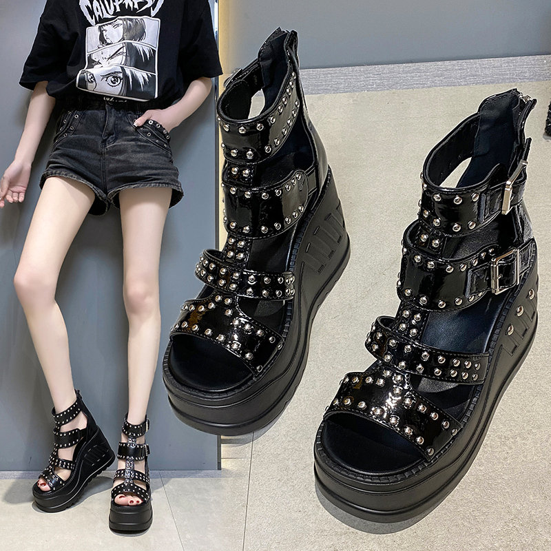 Punk Zipper Wedge Black Sandals - Comfortable High Heels