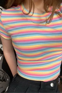 Rainbow Striped Y2K T-Shirt - Slim Fit Short Sleeve