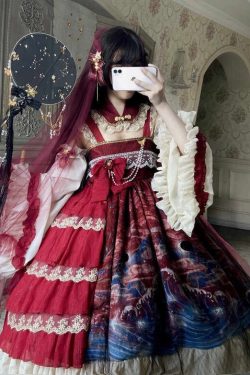 Red Lolita Dress with Cape - Y2K Clothing Fashion