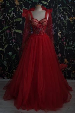 Red Sweetheart Tulle Prom Dress with Bow Straps