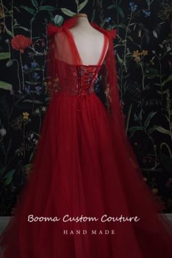 Red Sweetheart Tulle Prom Dress with Bow Straps