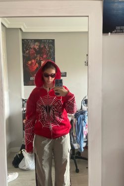 Red Y2K Spider Web Hoodie - Full Zip, Warm & Grunge