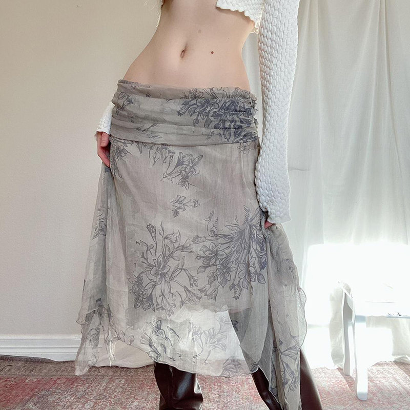 Retro Floral Print Chiffon Midi Skirt - Y2K Streetwear