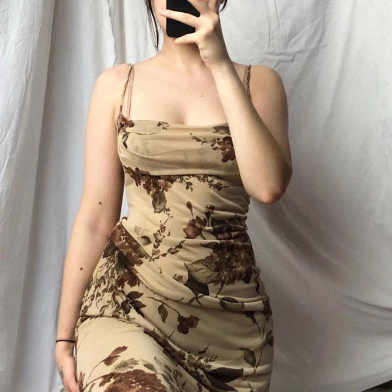 Retro Floral Print Sleeveless Backless Dress - Y2K Clothing