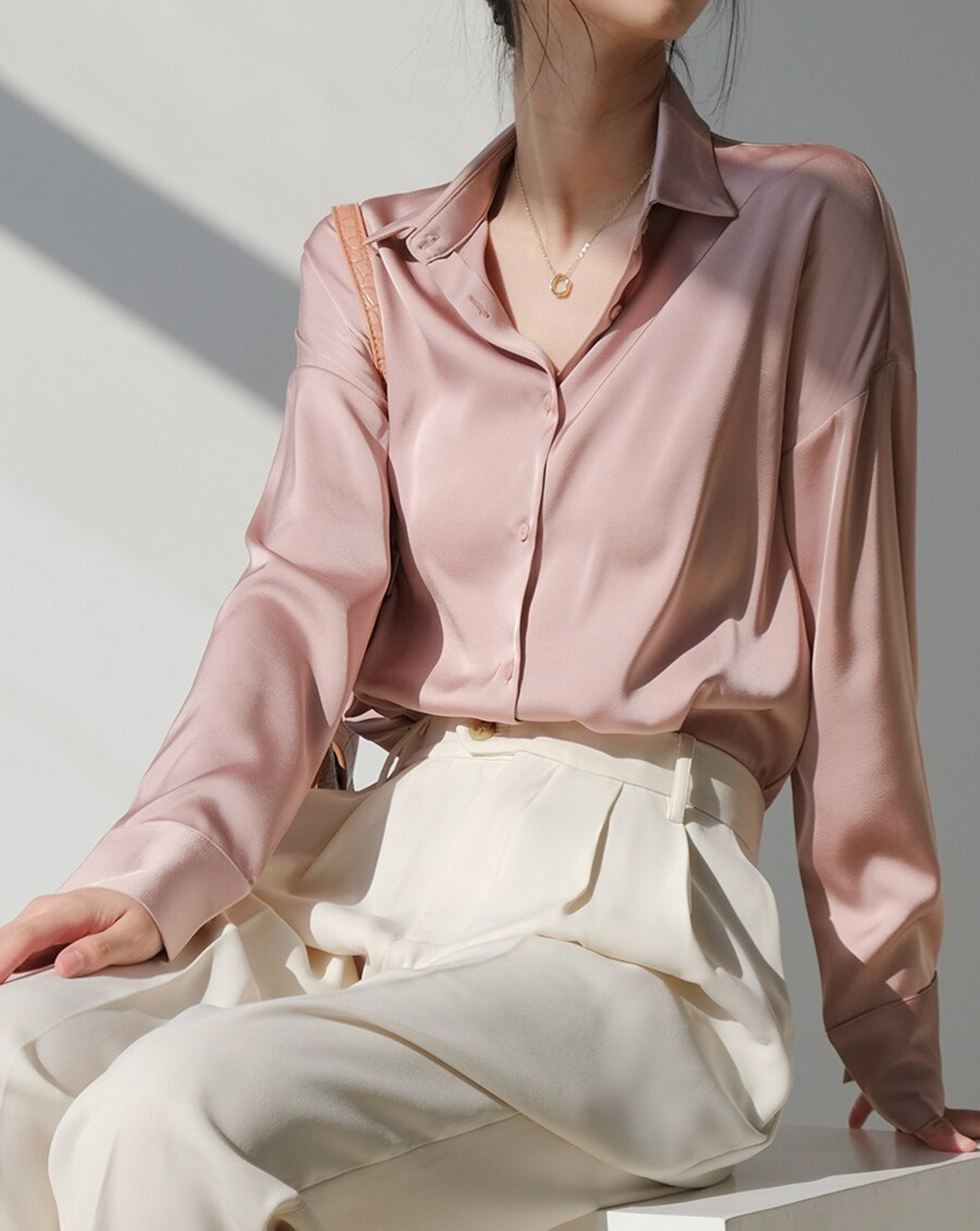 Satin Blouson Collared Top - Women's Silk Office Shirt