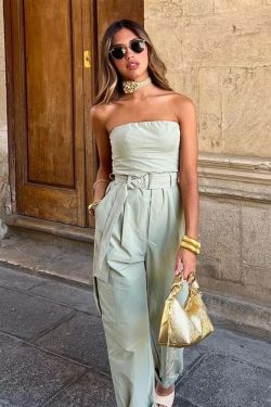 Sexy Strapless Jumpsuit with Belt - 90s Khaki