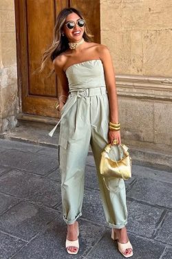 Sexy Strapless Jumpsuit with Belt - 90s Khaki