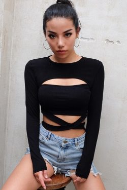 Sexy Tie Up Long Sleeve Crop Top - Y2K Gothic Punk Rave Festivalwear