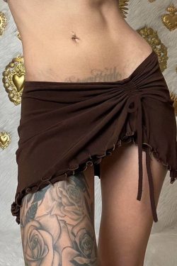 Sexy Y2K Shirred Drawstring Mini Skirt - Brown Grunge Aesthetic