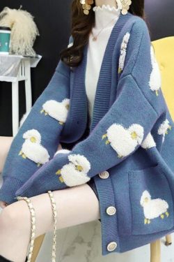 Sheep OverSized Sweater Cardigan Knitted V-Neck Coat Warm Y2K Outwear