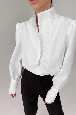 Stand Collar Long Sleeve Blouse - Y2K Fashion