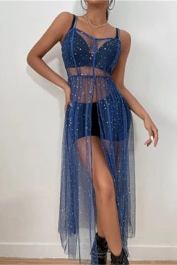 Starry Mesh Tulle Dress - Glitter Stars Sheer Beach Dress