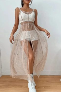 Starry Mesh Tulle Dress - Glitter Stars Sheer Beach Dress