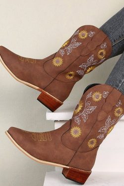 Sunflower Embroidered Cowboy Boots - Y2K Fashion