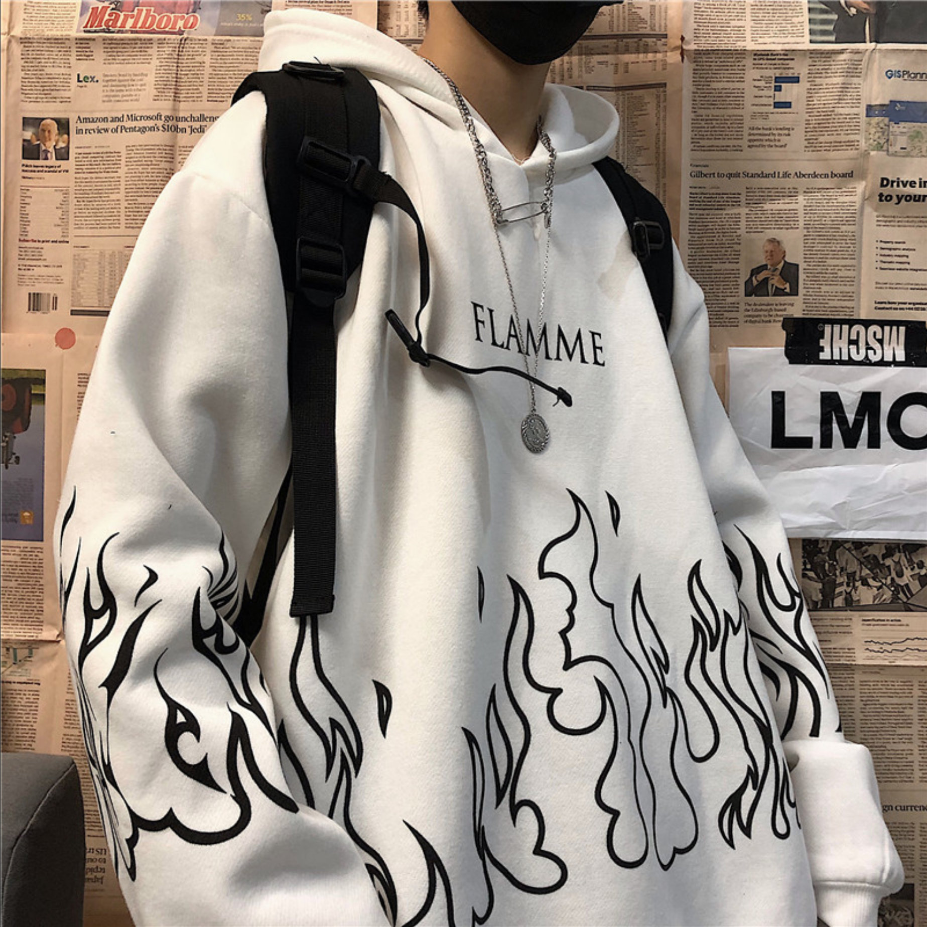 Unisex Y2K Gothic Flame Print Hoodie - Loose Fit Pullover